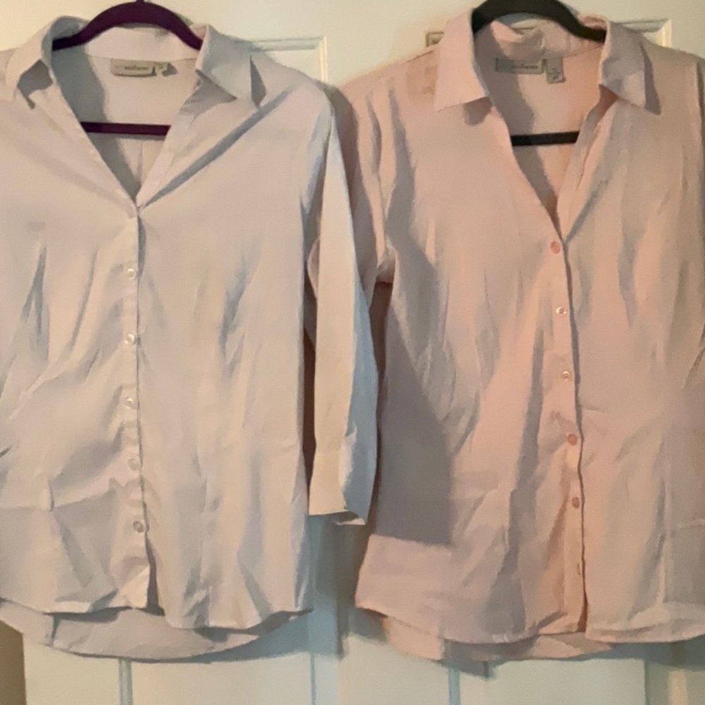 (2) ICO Uniforms (M) Button Down Shirts White and a Light Pink Three Quarter